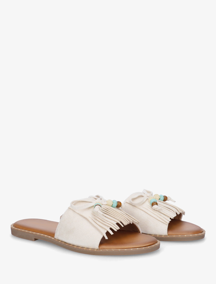 Mules plates à franges et perles en suédine - Beige - 4