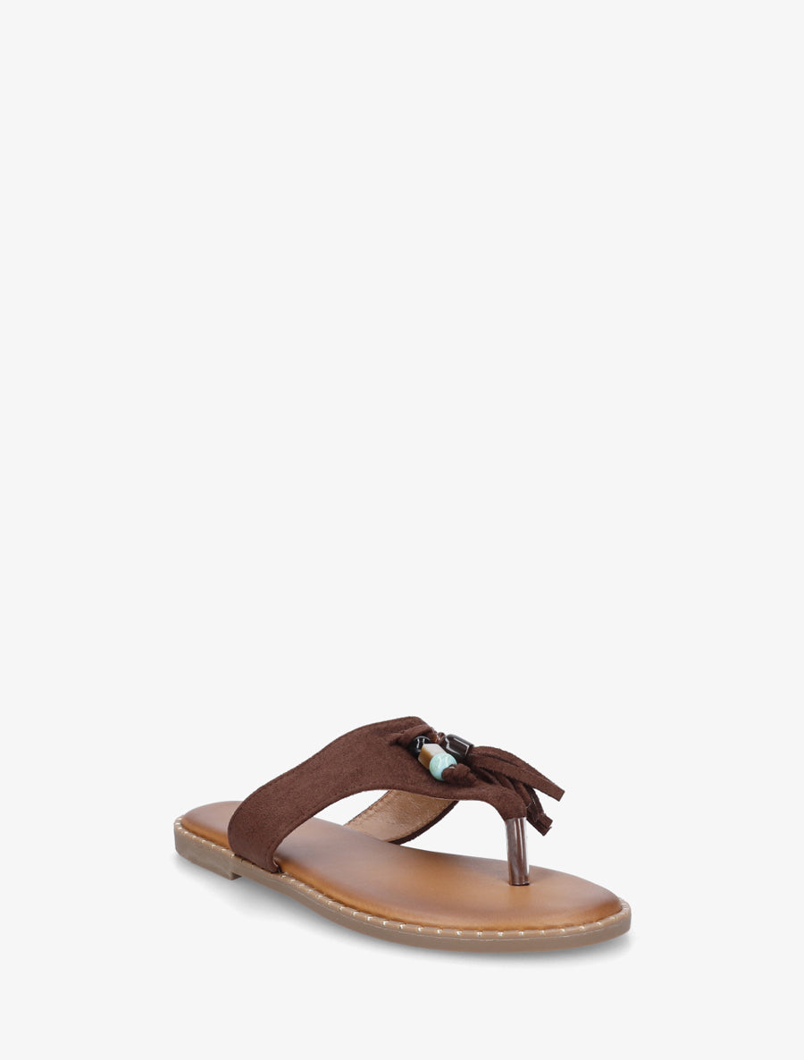 Tongs en suédine à perles et pampilles - Marron - 2
