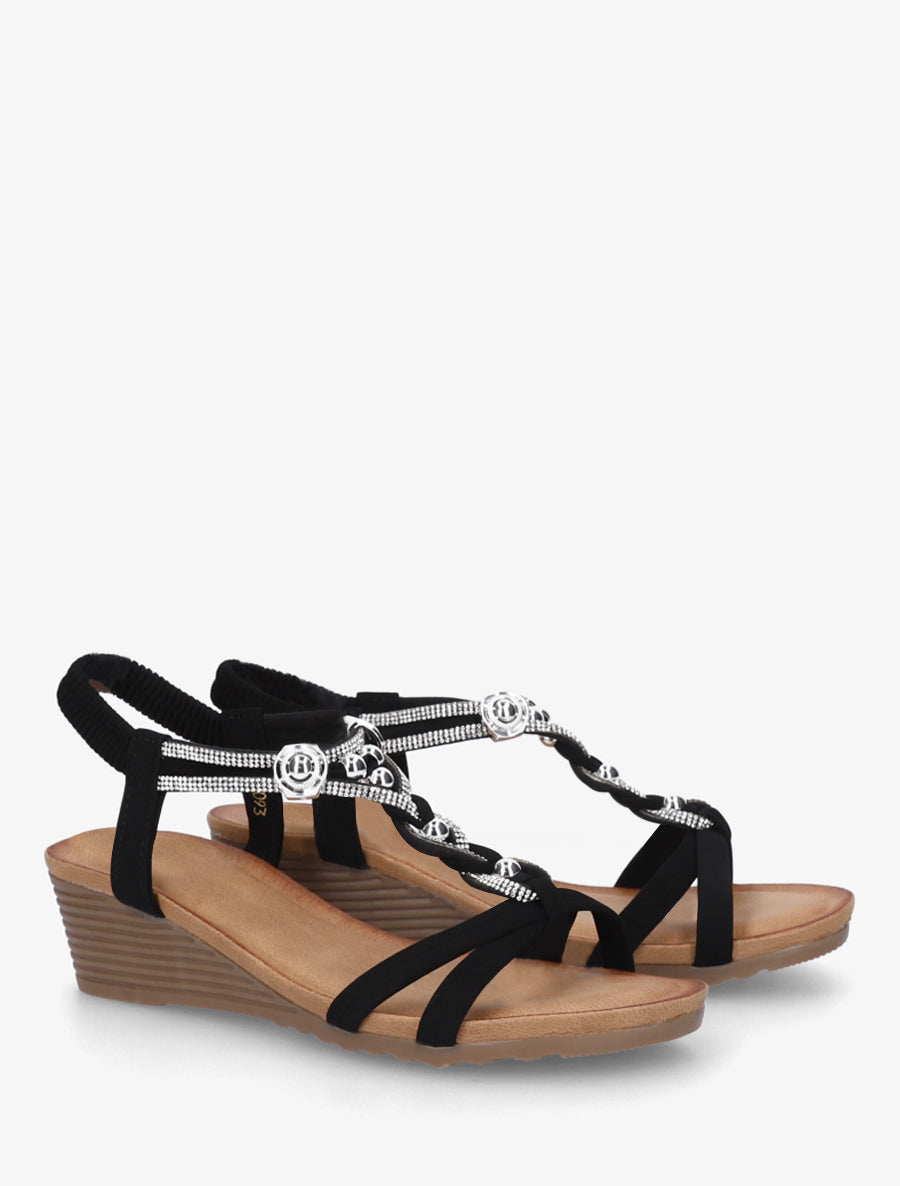 Sandales élastiquées à bijoux et strass - Noir - 4