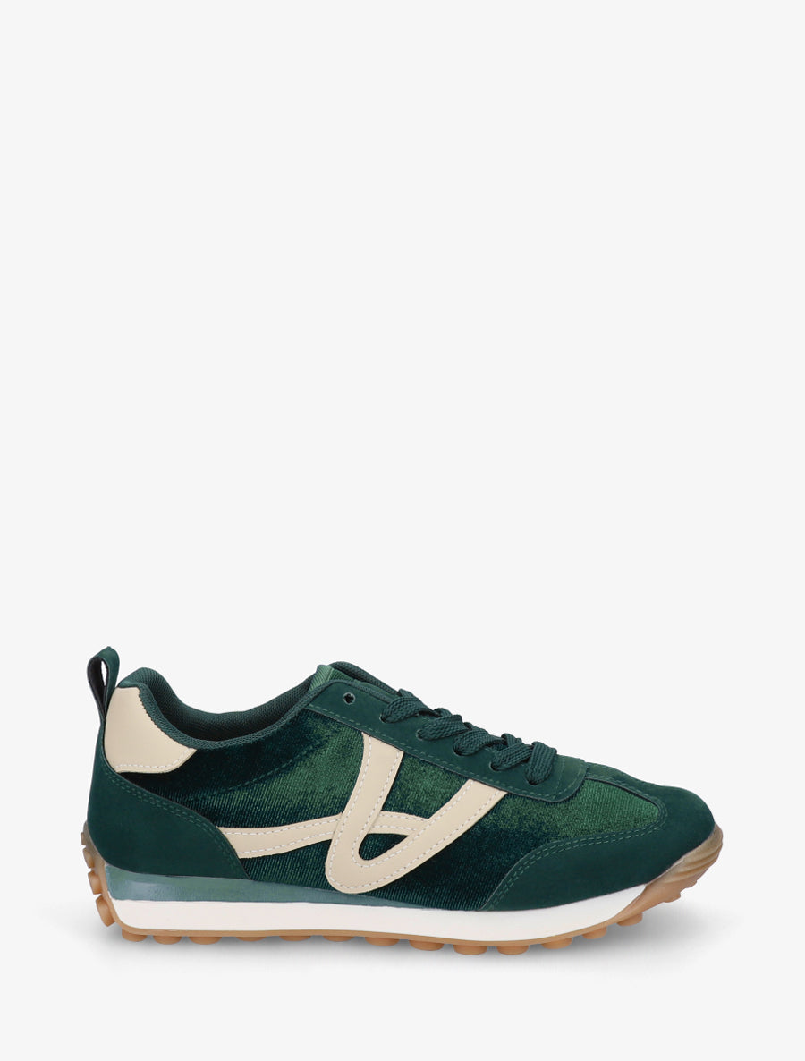Sneakers en velours à détails contrastants - Vert sapin - 1