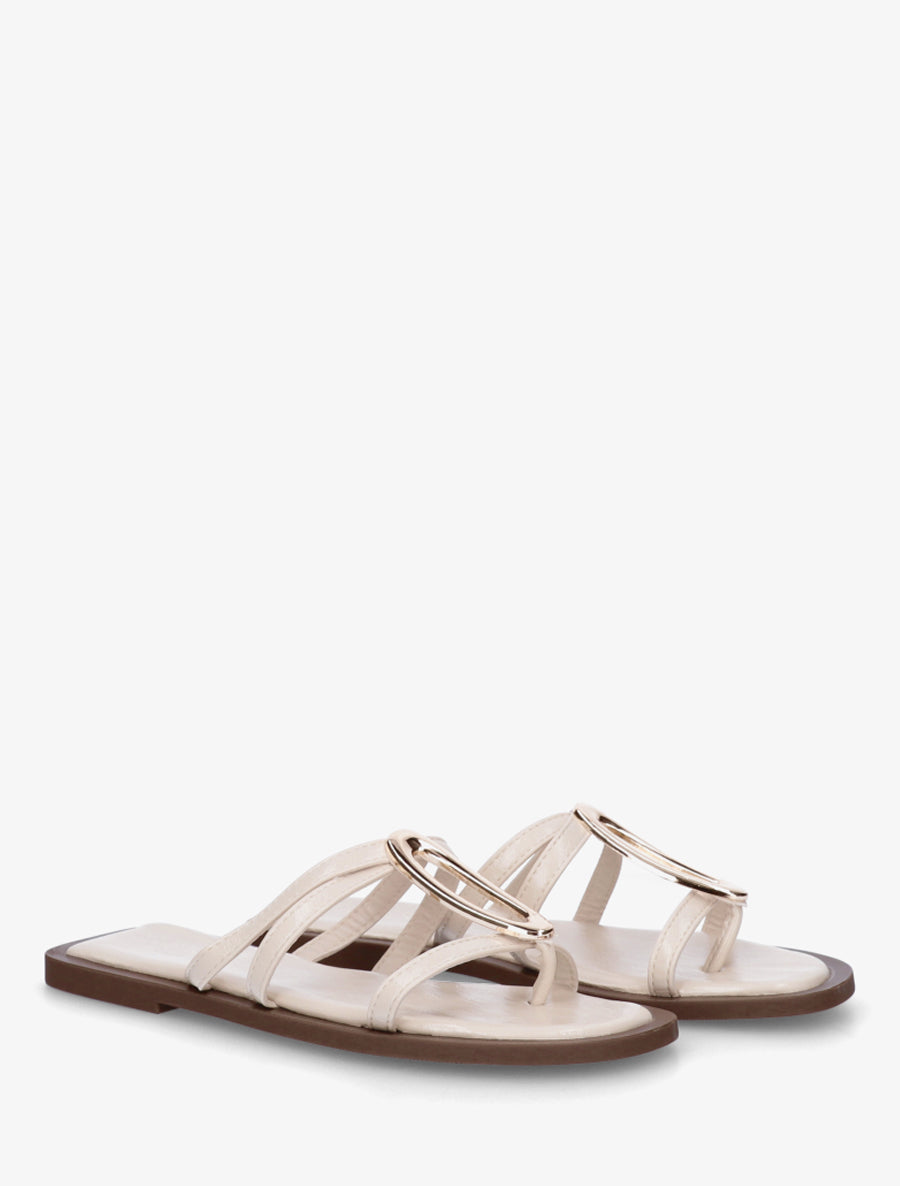 Mules plates à fines brides et bijou métal - Beige - 4