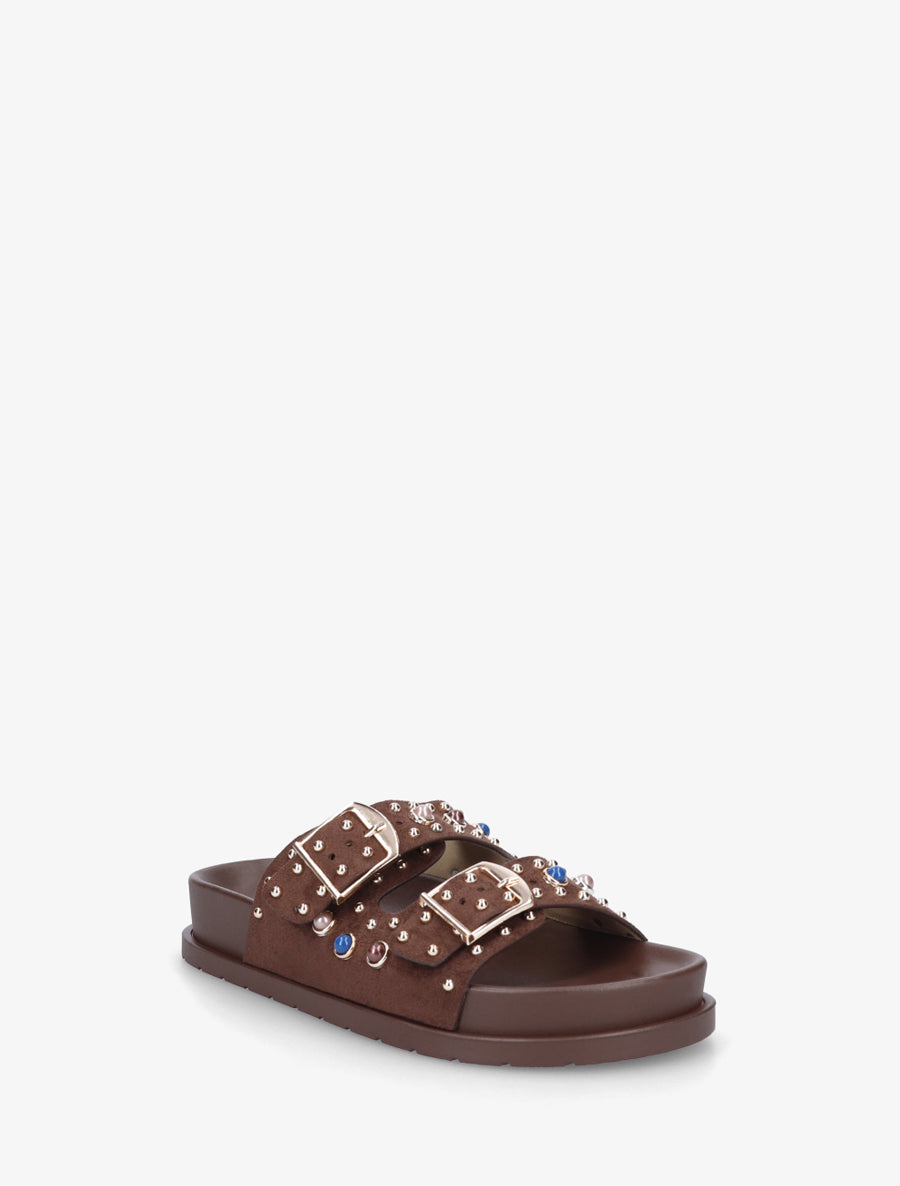 Claquettes en suédine à perles et clous - Marron - 2