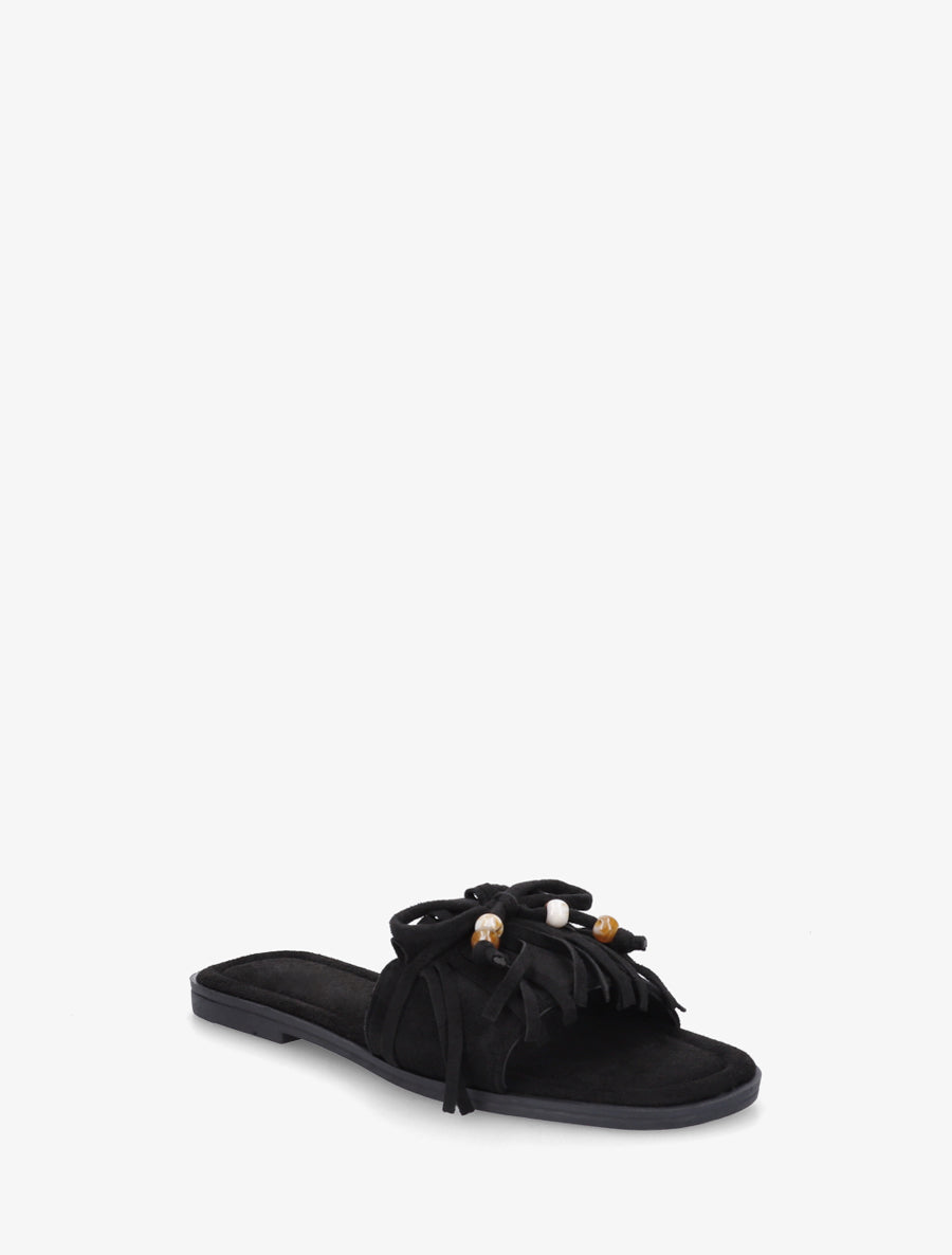 Mules en suédine à frange et noeud - Noir - 2