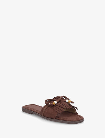 Mules en suédine à frange et noeud - Marron - 2