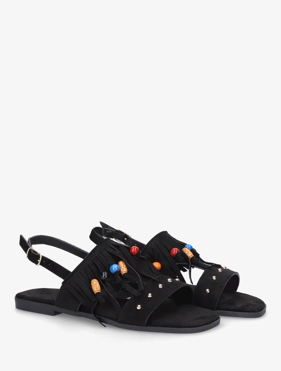 Sandales en suédine à franges et perles de bois - Noir - 4