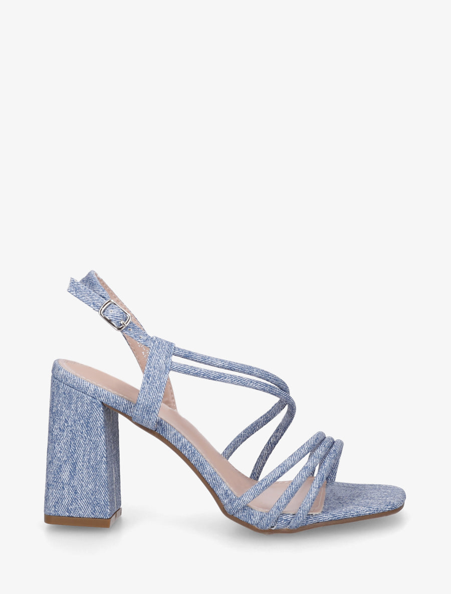 Sandales à talon et brides fines effet jean - Bleu - 1