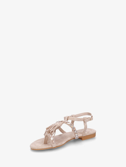 Nu-pieds en suédine à strass et pierres - Beige - 3