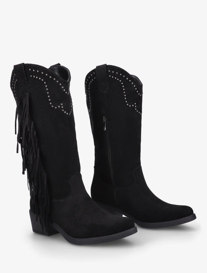 Bottines montantes en suédine à franges et clous - Noir - 4