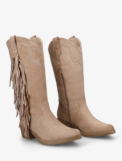 Bottines montantes en suédine à franges et clous - Taupe - 4