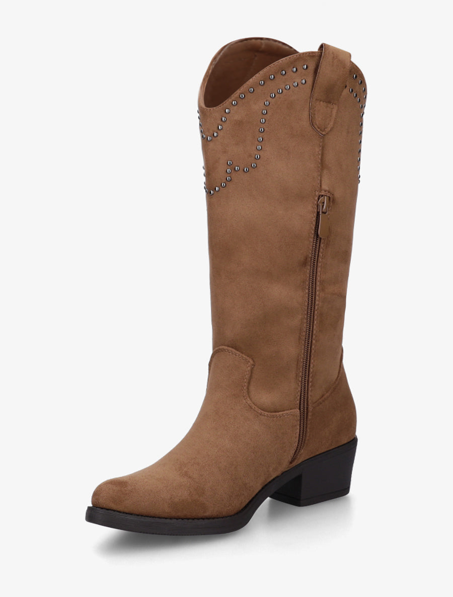 Bottines montantes en suédine à franges et clous - Camel - 3