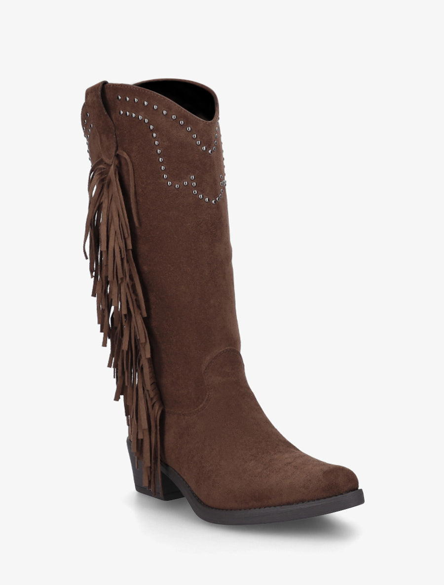 Bottines montantes en suédine à franges et clous - Marron clair - 2