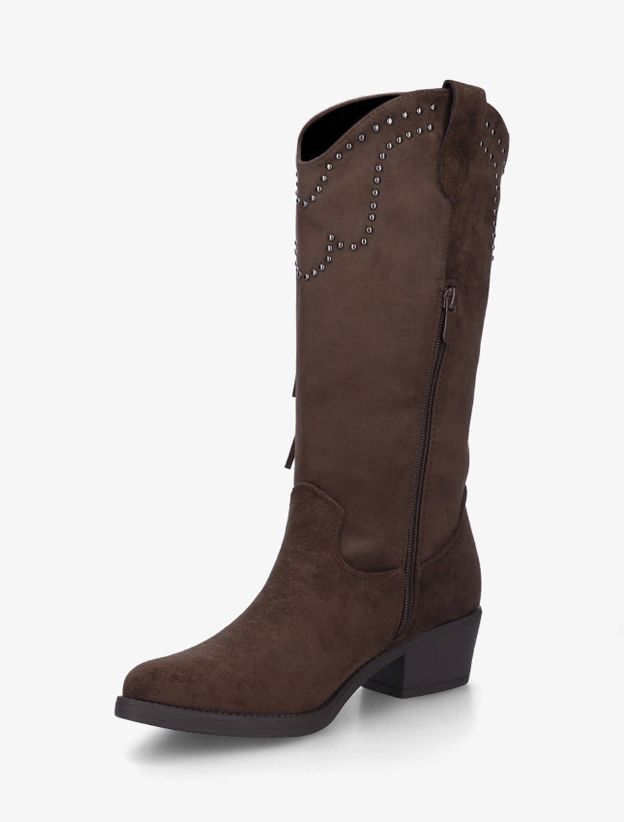 Bottines montantes en suédine à franges et clous - Marron - 3
