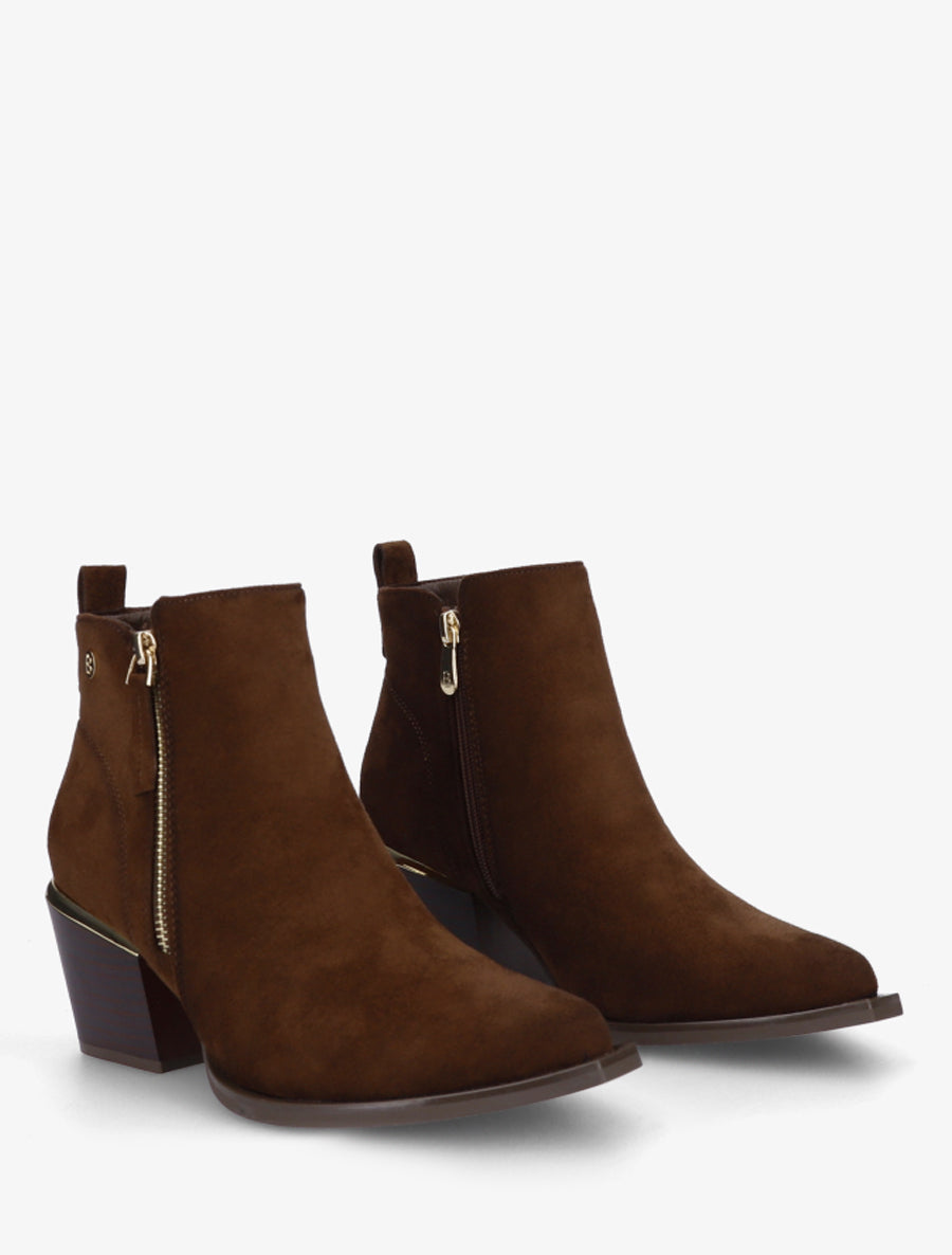 Bottines en suédine à zip décoratif et bouts pointus - Marron - 4