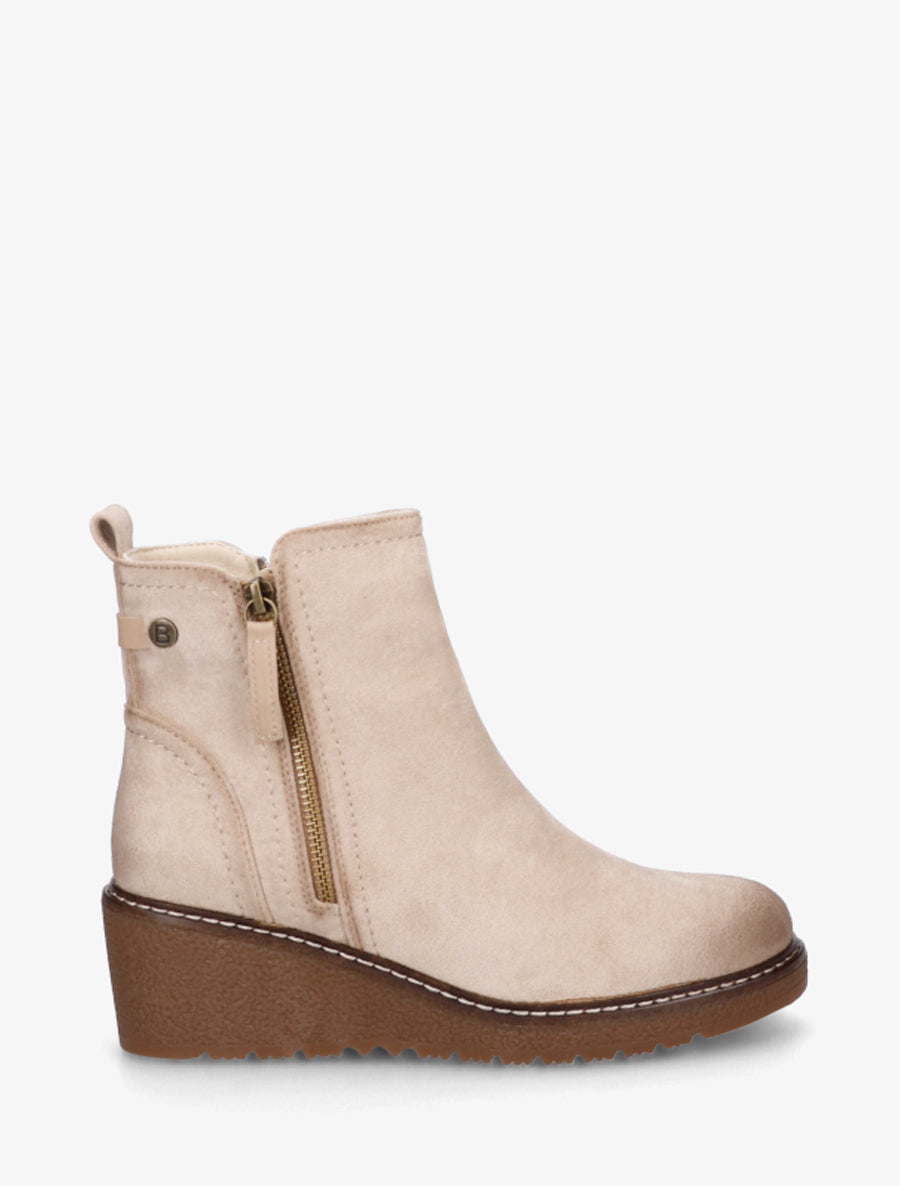 Bottines en suédine à talon semi-compensé et zip - Beige - 1