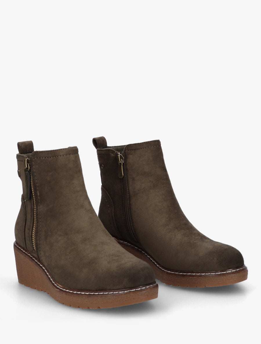Bottines en suédine à talon semi-compensé et zip - Kaki - 4