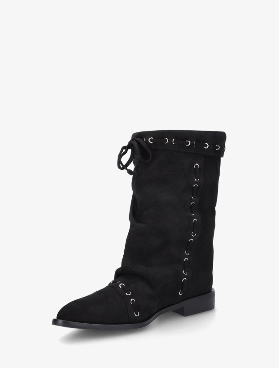 Bottines en suédine à cordons de serrage - Noir - 3