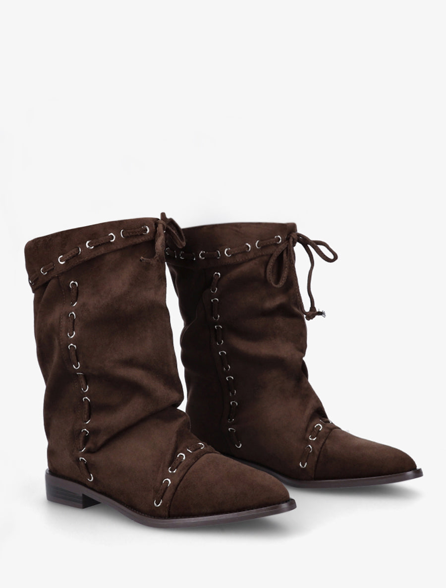 Bottines en suédine à cordons de serrage - Marron - 4