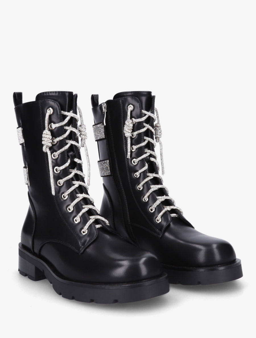 Boots à lacets et bandes strassées - Noir - 4
