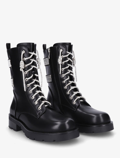 Boots à lacets et bandes strassées - Noir - 4