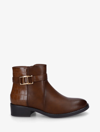 Bottines à contrefort effet croco et boucle décorative - Camel - 1