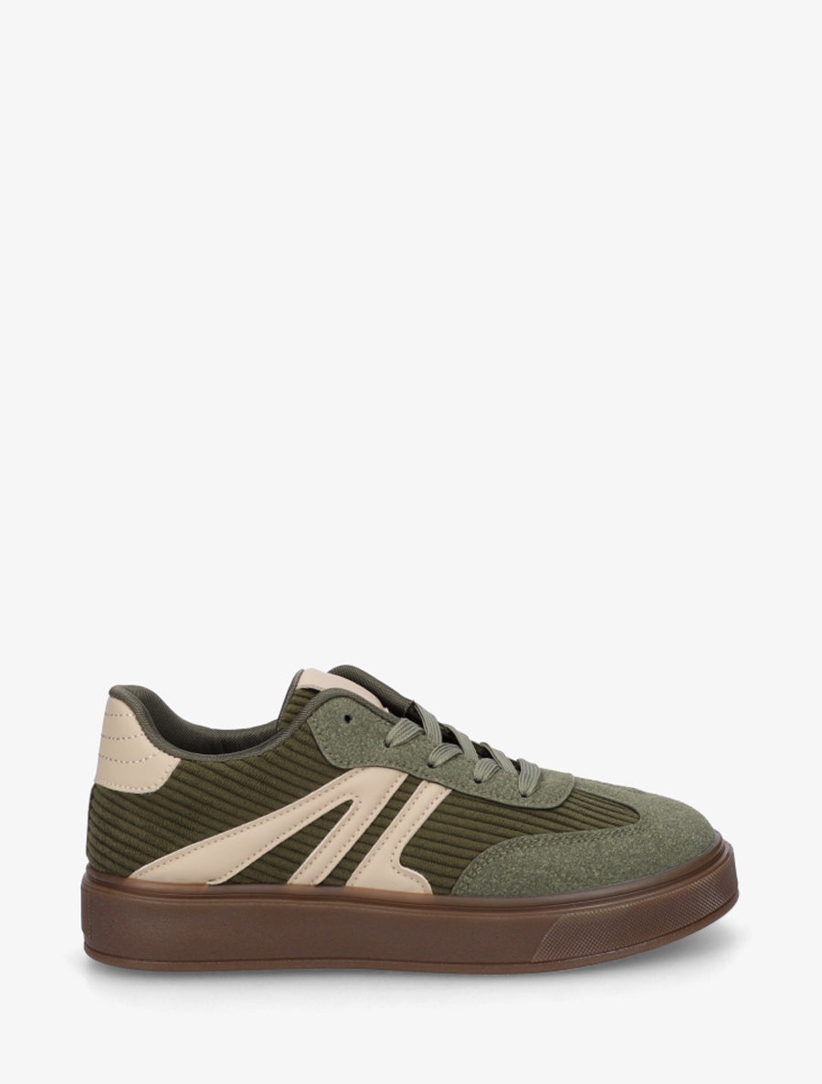 Sneakers à empiècement tissu et bandes contrastantes - Kaki - 1