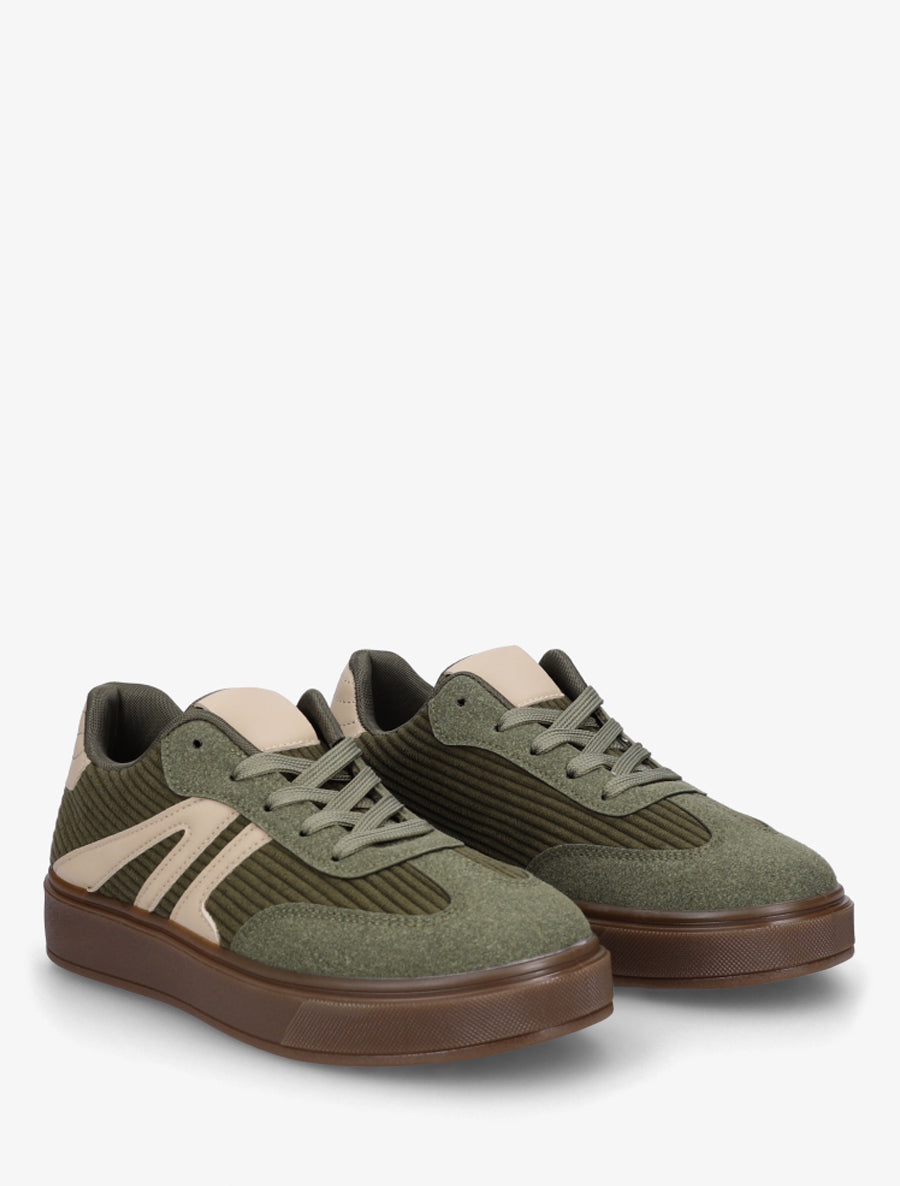 Sneakers à empiècement tissu et bandes contrastantes - Kaki - 4