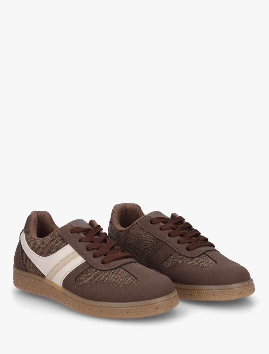 Sneakers à empiècement tissu effet tweed - Marron - 4