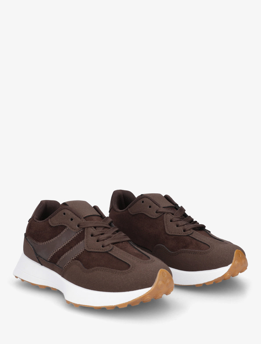 Baskets effet nubuck à bandes contrastantes - Marron - 4