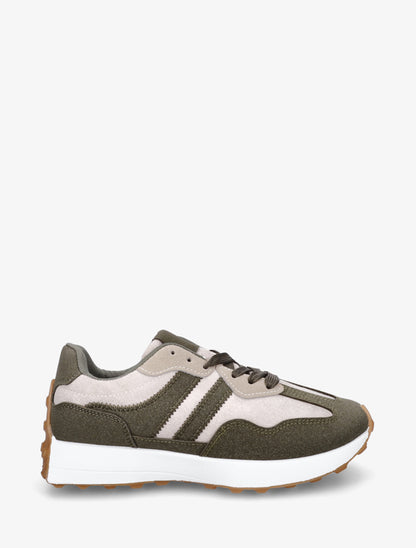 Baskets effet nubuck à bandes contrastantes - Kaki - 1
