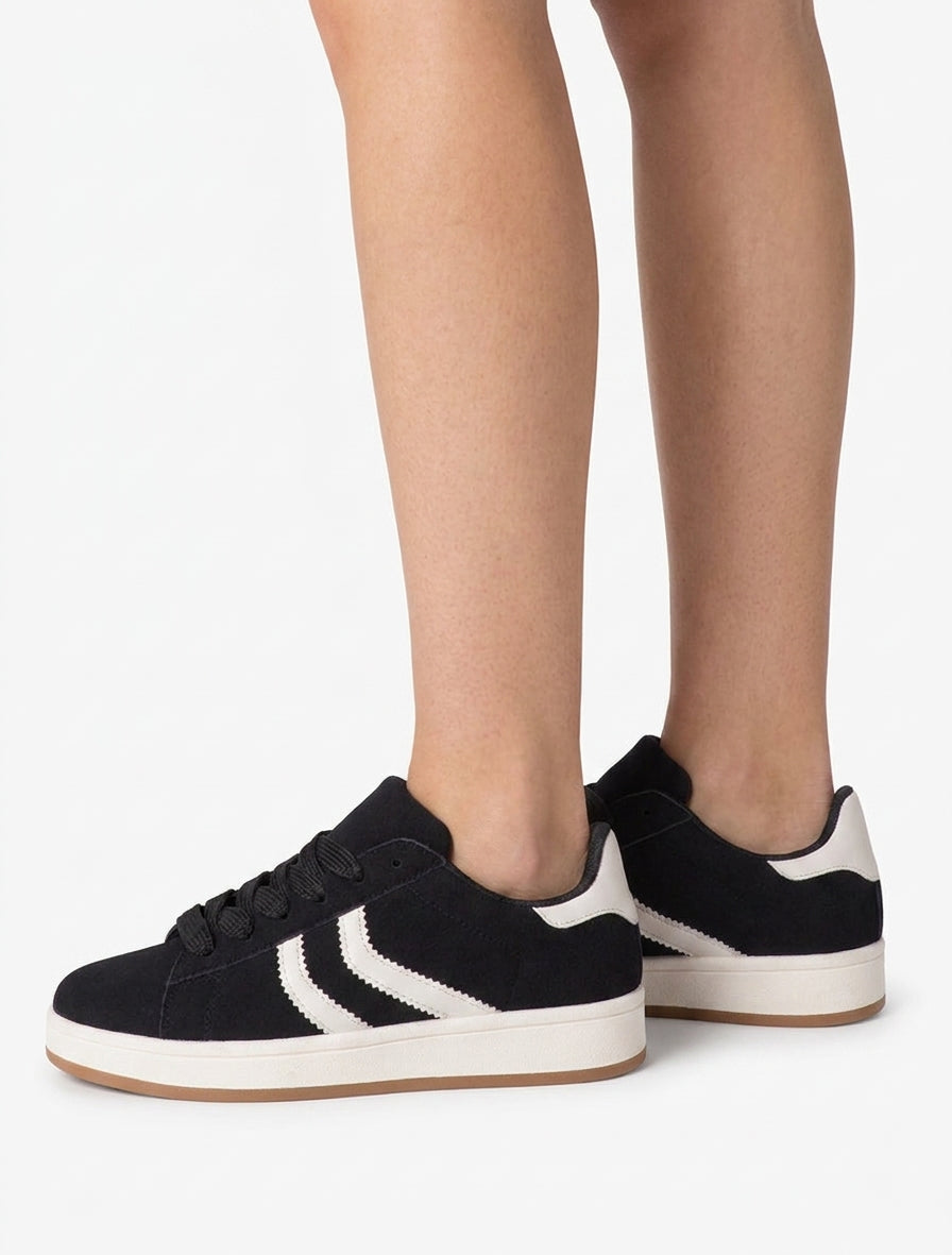 Sneakers van nubuckeffect met gekartelde banden - Zwart