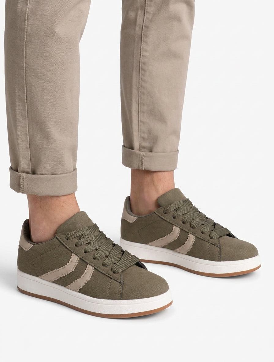 Sneakers van nubuckeffect met gekartelde banden - Kaki