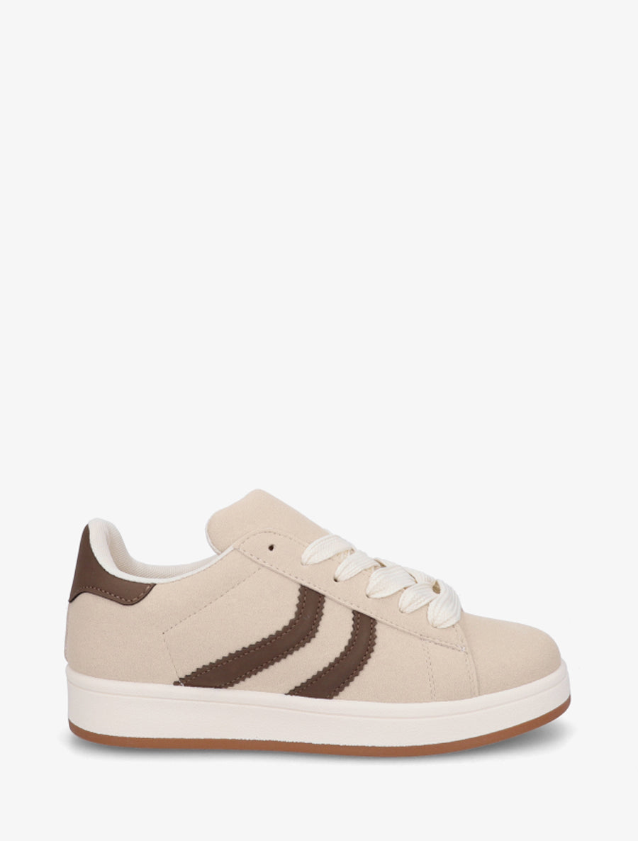 Baskets effet nubuck à bandes dentelées - Beige - 1