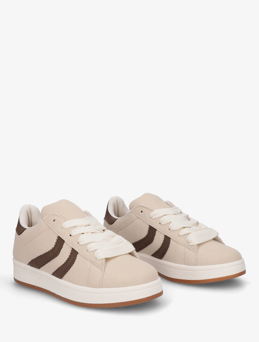Baskets effet nubuck à bandes dentelées - Beige - 4