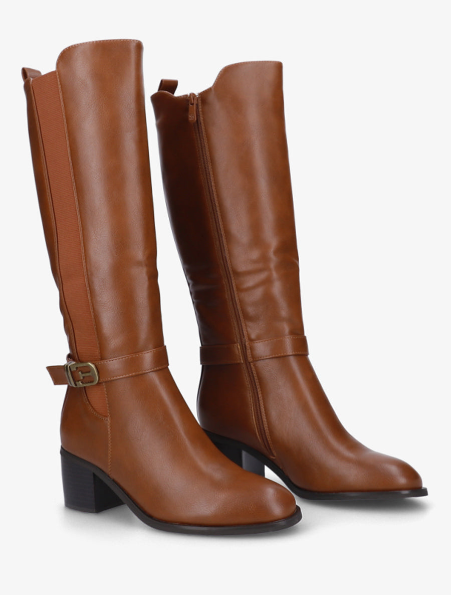 Bottes élastiquées en simili à boucle fantaisie - Camel - 4