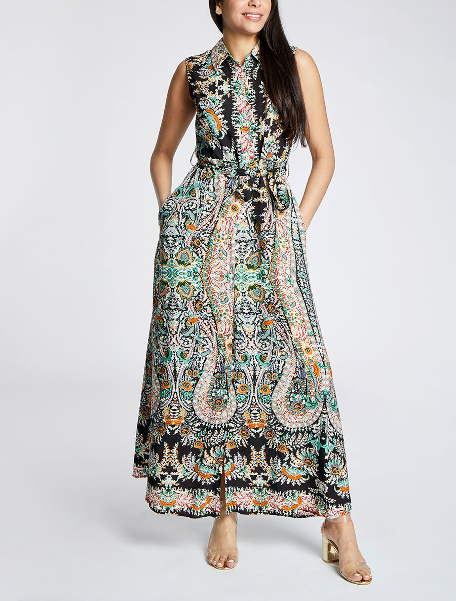 Robe chemise longue imprimé floral stylisé - Noir - 5