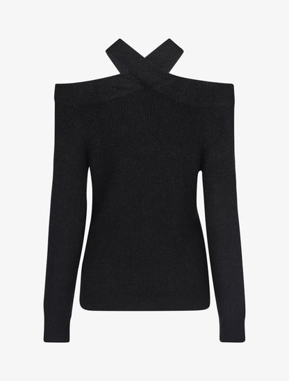Pull uni à épaule ajourée - Noir - 2