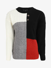 Pull col rond à motif quadrillé et boutons décoratifs - Noir - 1