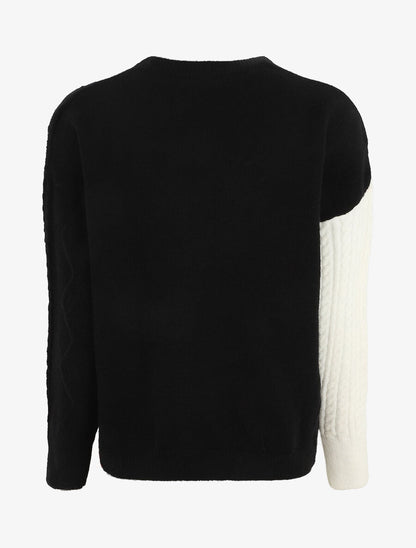 Pull col rond à motif quadrillé et boutons décoratifs - Noir - 2