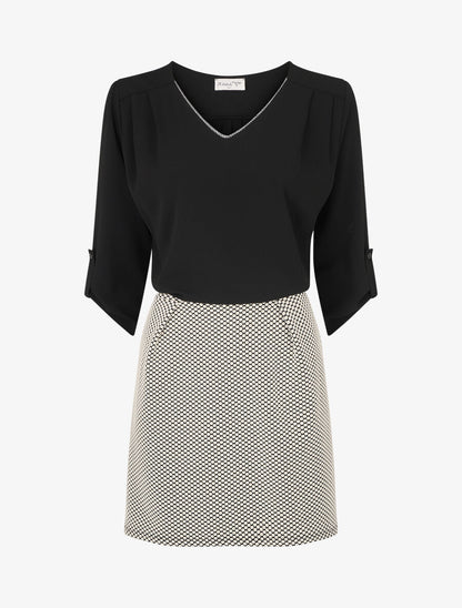 Robe droite imprimé graphique bi-matière - Noir - 1