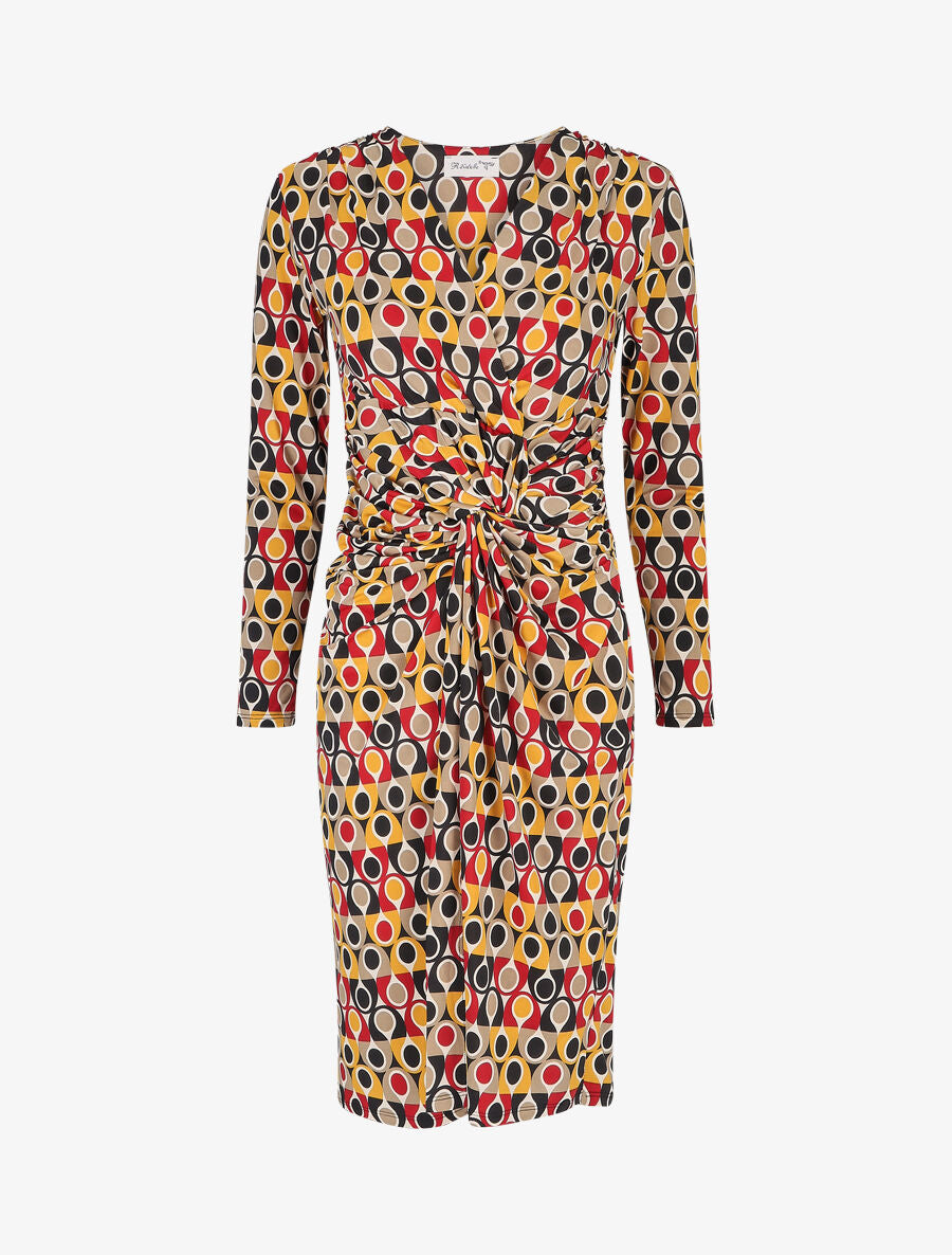 Robe ajustée drapée imprimé pois stylisés - Moutarde - 1