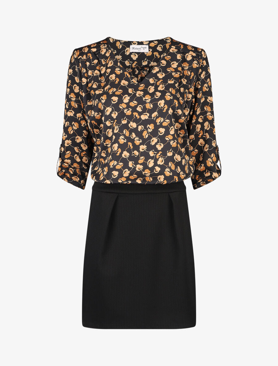 Robe droite à fleurs bi-matière - Jaune - 5