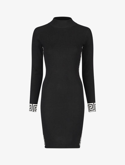 Robe pull à col montant et motifs grec - Noir - 5