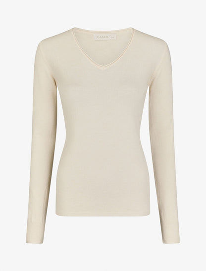 Pull fin en cachemire mélangée à col V - Beige - 1