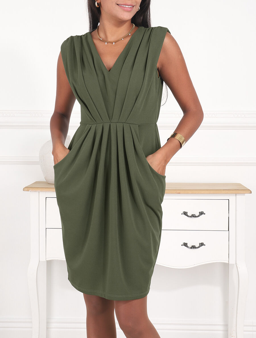 Robe droite effet drapé à col V - Kaki - 4
