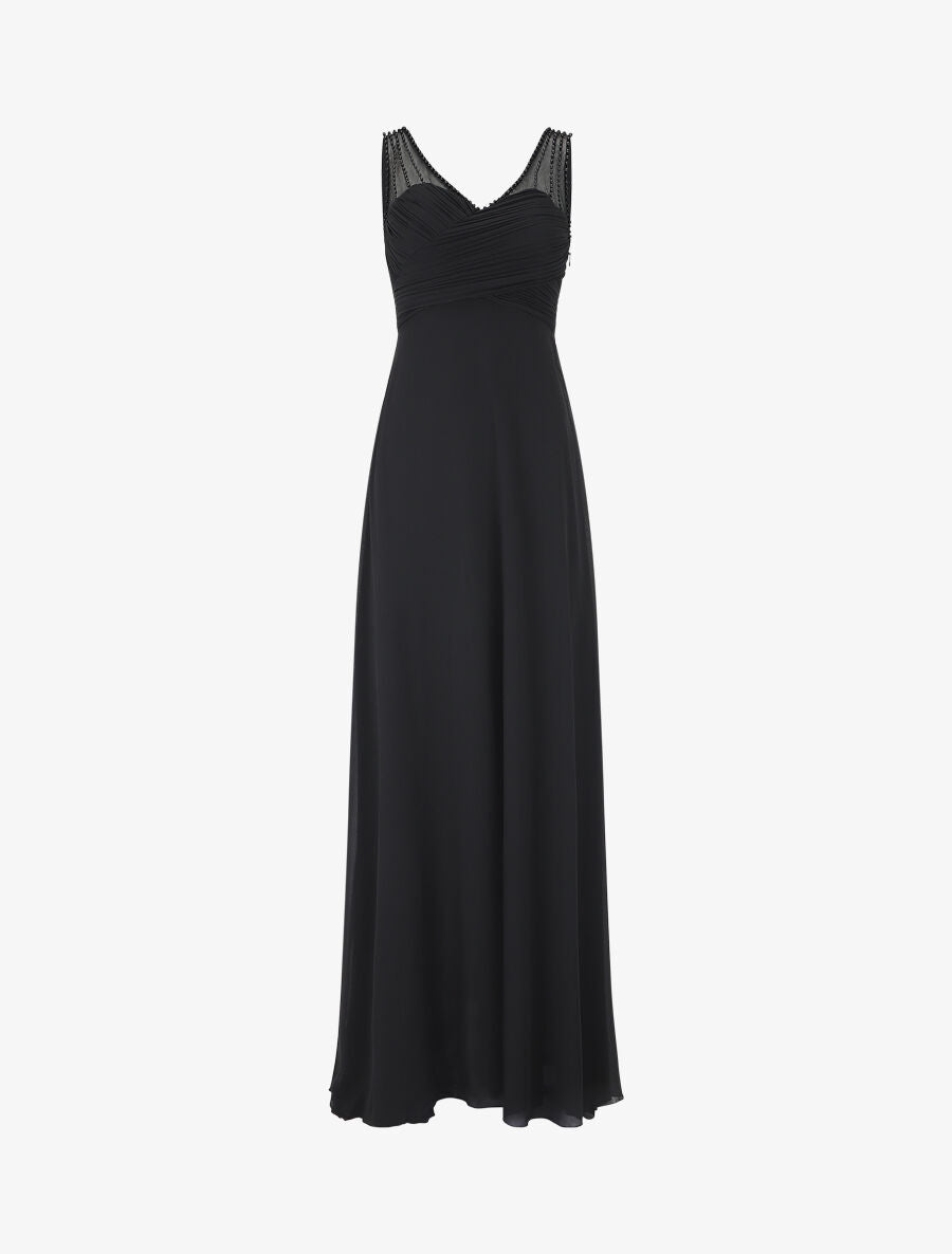 Robe longue à décolleté plissé - Noir - 1