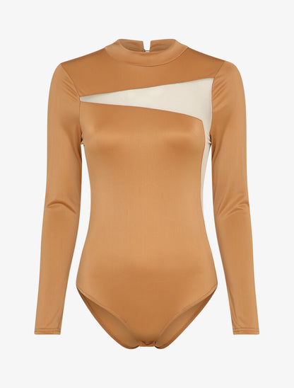 Body satiné à empiècement transparent - Camel - 4