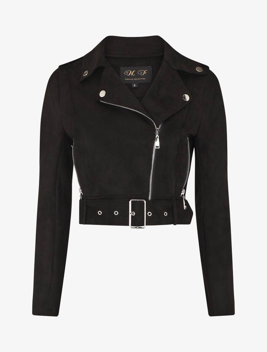 Veste courte en suédine style perfecto - Noir - 1