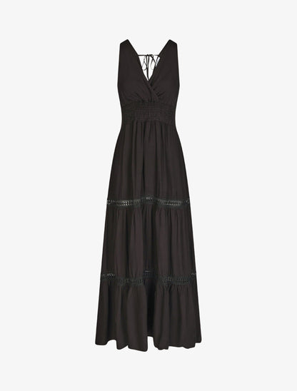 Robe longue unie à taille élastiquée - Noir - 4