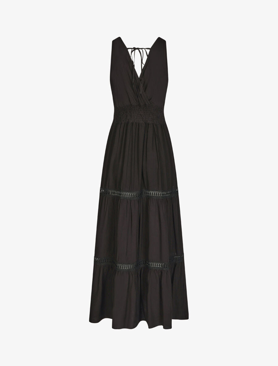 Robe longue unie à taille élastiquée - Noir - 2