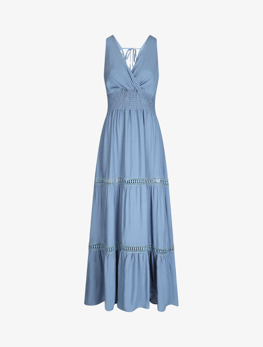 Robe longue unie à taille élastiquée - Bleu - 2